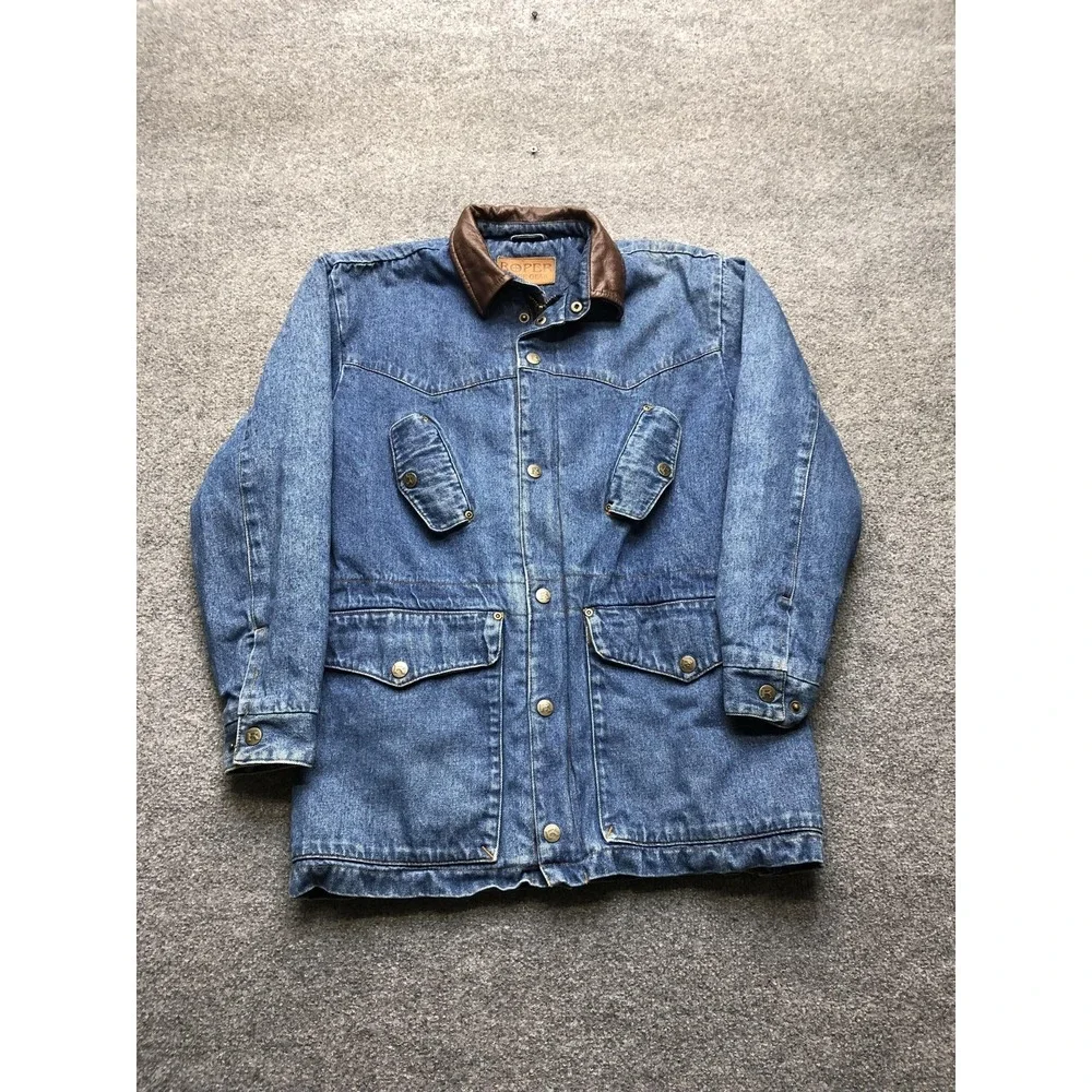 Roper Coat Mens XS Blue Denim Leather Collar Western Range Gear Lined Pockets